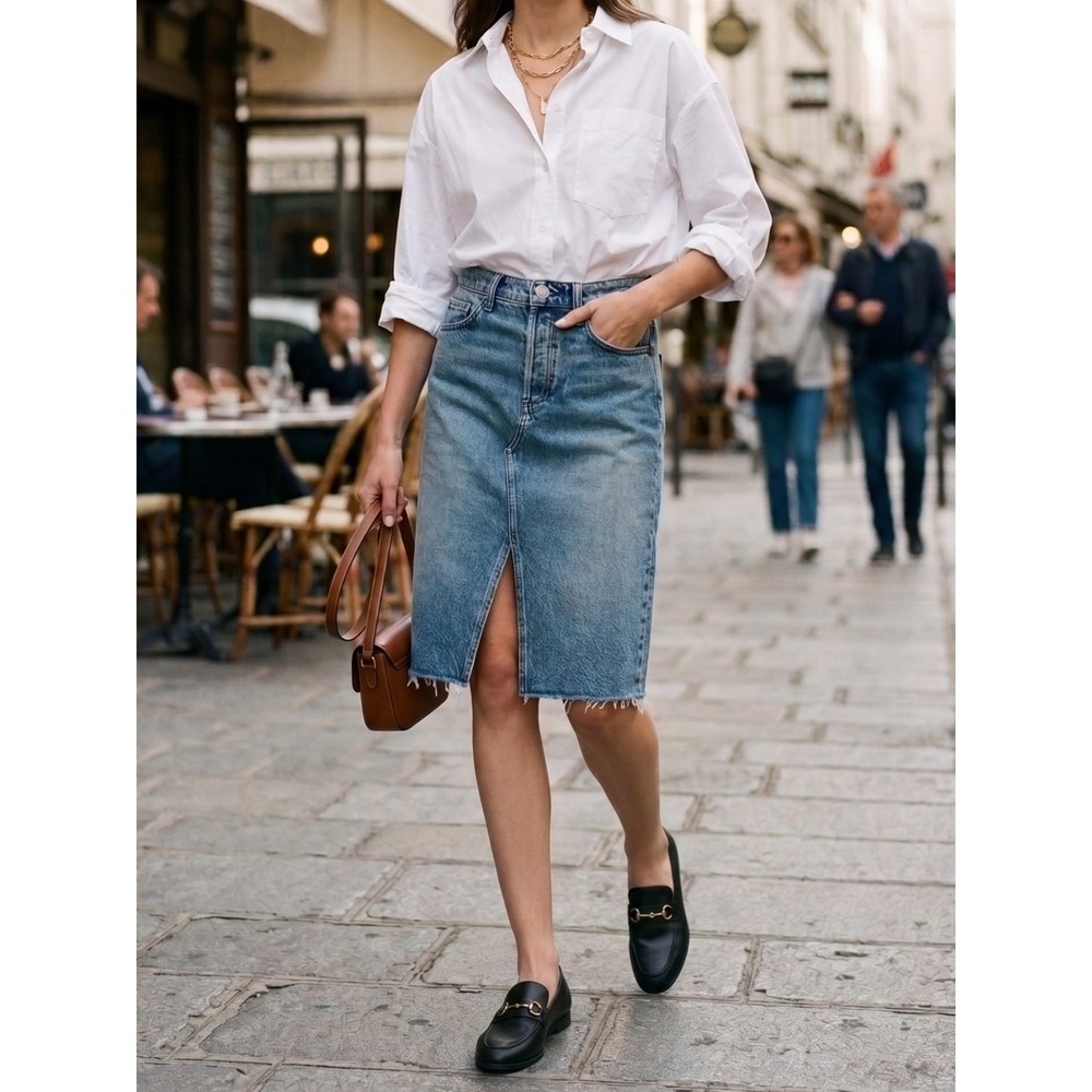 Rag & Bone High Rise Denim Midi Pencil Skirt Farrow Blue Slit NWT Size 25 $225